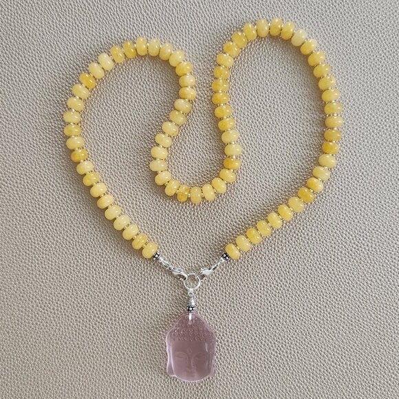YELLOW JADE NECKLACE W/ PINK BUDDHA PENDANT--20" - Picture 2 of 7